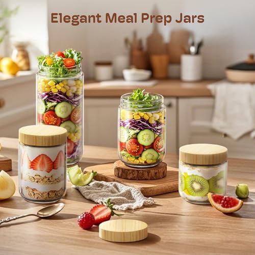10 oz Overnight Oats Containers with Bamboo Lids, Glass Mason Jars 4 Pack