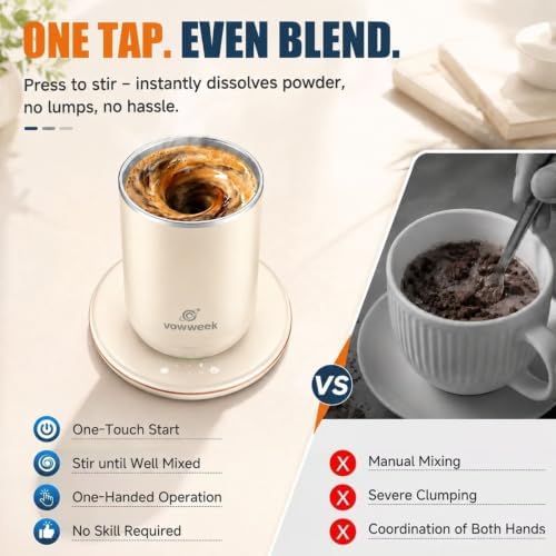 Self Stirring Coffee Mug, 10 oz Heated Mug with Magnetic Stirring, White