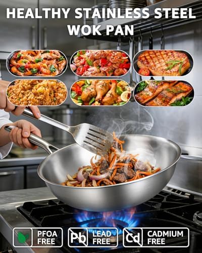 10'' Small Tri-Ply Stainless Steel Wok, Uncoated Wok for Stir Fry
