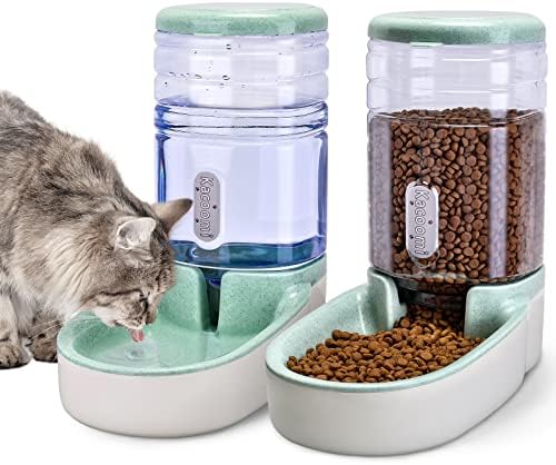 Kacoomi Automatic Dog Cat Feeder and Water Dispenser Gravity Food Feeder and Waterer Set with Pet Food Bowl for Small Medium Dog Puppy Kitten, Large Capacity 1 Gallon x 2