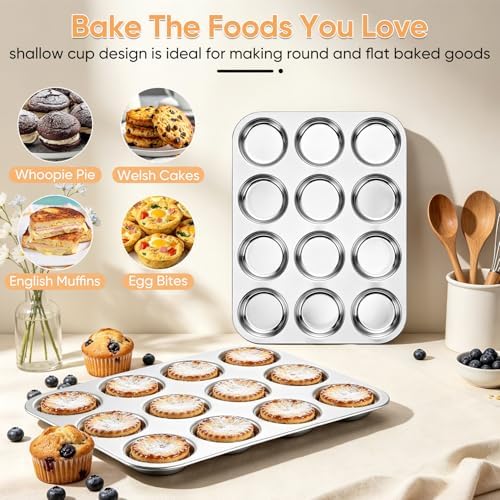 TeamFar Muffin Top Pan, 2 PCS 12 Cavity Stainless Steel Shallow Cupcake Pan