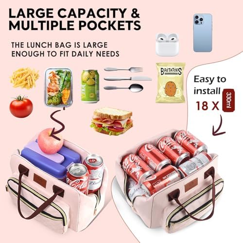 Genteen Lunch Bag Lunch box for Women Men Insulated Tote LunchBox for Adult Women Men Reusable Lunch Box with Front Pocket for Work, Picnic or Travel-18 Cans/14 Liters -BLACK/PINK
