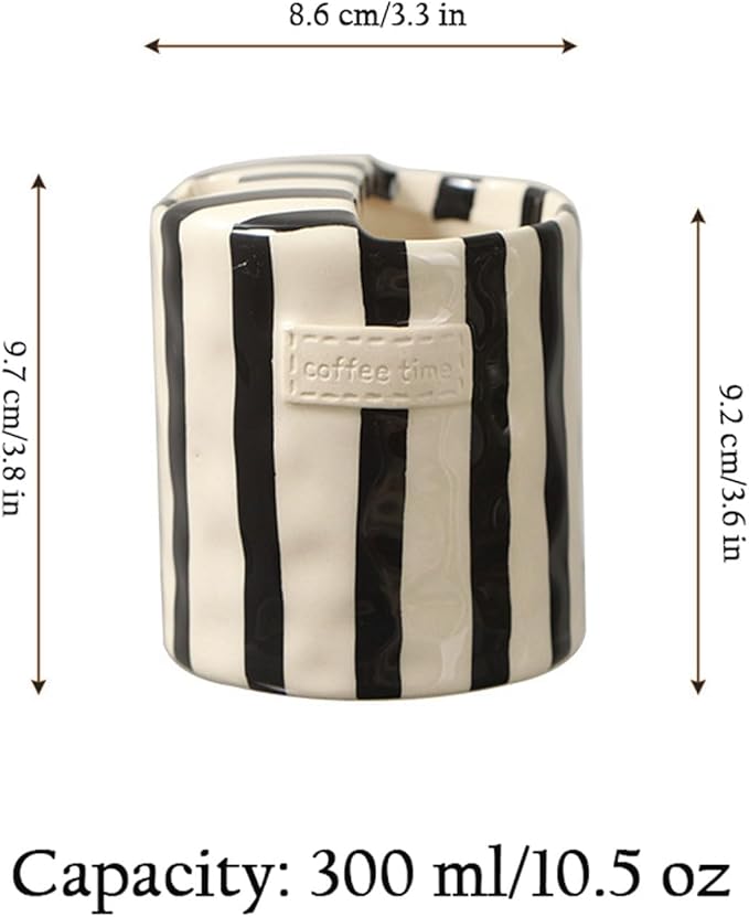 Ceramic Coffee 10oz Mug Hand-Painted Espresso Cup，Retro Ceramic Travel Mug For Kitchen, Dining-Green，Microwave Safe (Black Stripes)