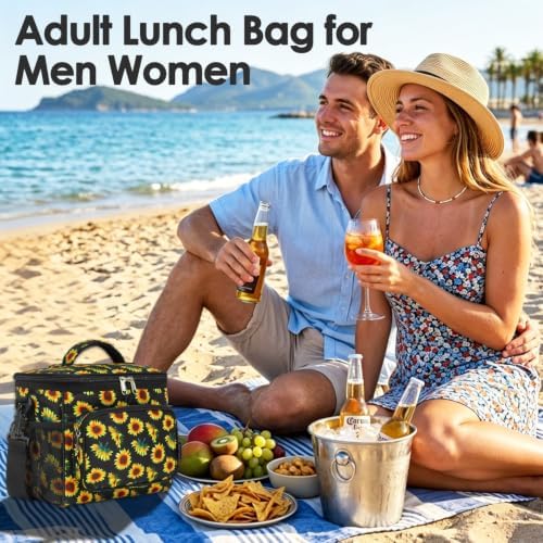 FlowFly Insulated Reusable Lunch Bag Adult Large Lunch Box for Women and Men with Adjustable Shoulder Strap,Front Zipper Pocket and Dual Large Mesh Side Pockets,Sunflower