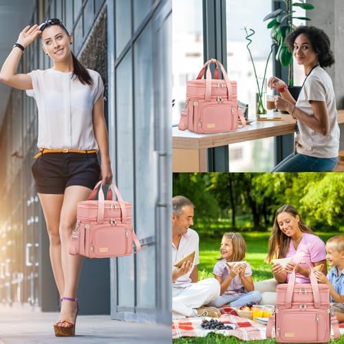 MAPLELILY Lunch Box for Men Women - Double Deck Insulated Lunch Bag, Large Leak Proof Tote Cooler, Wide Open Dual Compartment Lunch Bags with Shoulder Strap, For Work Picnic Hiking Beach, Pink