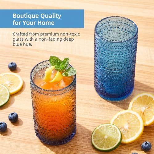 Vintage Hobnail Drinking Glasses Set of 6, 16 oz Large Capacity Embossed BlueTumblers, Highball Glasses for Water, Cocktail, Beer, Whiskey, Kitchen & Bar Use