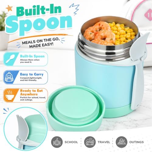 10oz Soup Thermo for Hot Food Kids,Lunch Thermo Kids Food Jar with Spoon Hot Insulated Food Containers,Leak Proof Stainless Steel Wide Mouth Lunch Thermo Jar for School(Mint-Green)