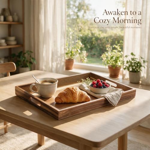 Premium Acacia Wood Serving Tray with Handles 17x12 Inch