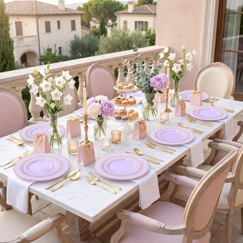 WDF Partyware 350PCS Purple Plates Disposable - Purple Plastic Plates 50Guests Lavender Disposable Dinnerware Sets with Rolled Napkins for Wedding/Birthday/Baby Shower/Bridal Shower