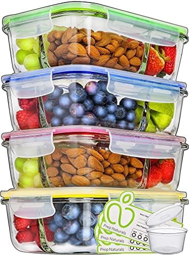 PrepNaturals 4 Pack 34oz Glass Meal Prep Containers - 3 Compartments