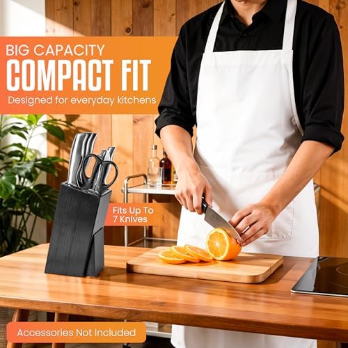 Acacia Wood Angled Knife Block with Multi-Purpose Holder – Universal Kitchen Knife Storage with Removable Bristle Insert (black bamboo, small)