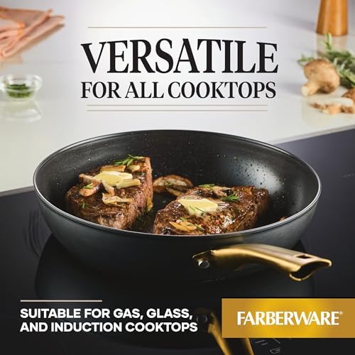 Farberware Forged Induction Ceramic Cookware Nonstick Frying Pan/Skillet, Dishwasher Safe, Suitable for All Stovetops, 12.25 Inch Fry Pan - Black and Gold