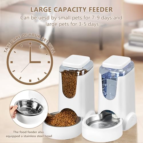 Automatic Cat Feeder and Water Dispenser with Stainless Steel Bowl Dog Gravity Food Feeder and Waterer for Small Medium Pets Puppy Kitten 1 Gallon x 2