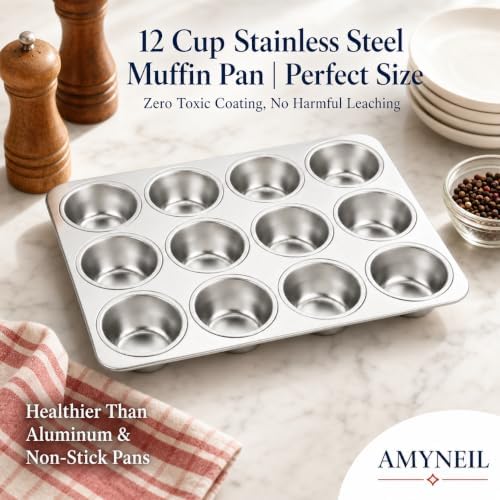 12-Cup Muffin Pan, Stainless Steel Cupcake Pan for Baking, 1-Pack