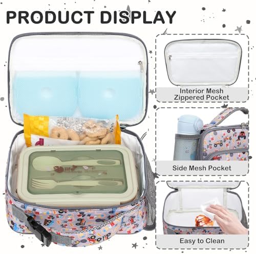 FlowFly Kids Lunch box with buckle Insulated Cooler Back to School Thermal Meal Tote Kit for Girls, Boys, Truck
