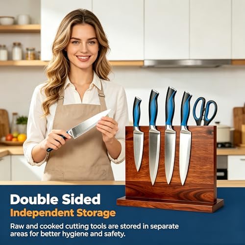Magnetic Knife Blockr- Acacia Wood Strong Magnetic Knife Holder, Secure Knife Storage Organizer | Chef Tools & Space Saving for Kitchen Knives (brown)