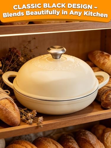 Dutch Oven Bread Baking Pot with Lid 6QT Enameled Cast Iron Oven, White Design & Complete Sourdough Kit (Banneton Basket, Dough Tools, Silicone Sling) for Artisan Bread Making