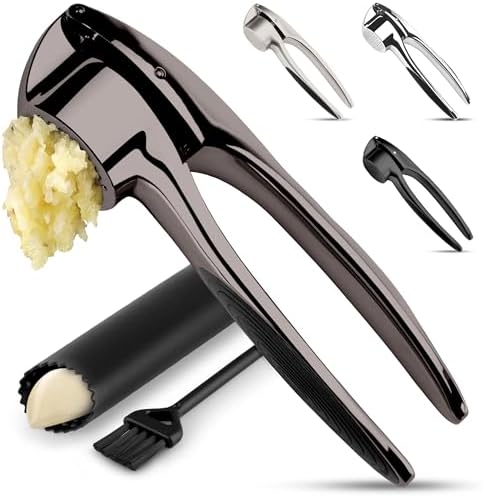 Zulay Kitchen Premium Garlic Press Set – Rust Proof & Dishwasher Safe Garlic Mincer Tool with Silicone Garlic Peeler & Brush, Easy Squeeze & Clean, Ergonomic Soft Grip Handle - Medium – Dark Gray