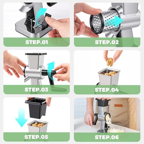LHS Stainless Steel Rotary Cheese Grater with 3 Interchangeable Drum Blades