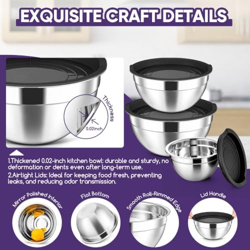 Herogo Stainless Steel Mixing Bowls with Lids Set of 3, 1.5/3/4.6Qt, Black