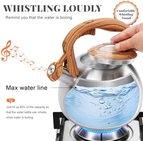 GGC Tea Kettle for Stove Top, 3.1QT/3L Whistling Tea Kettles for Boiling Water Coffee or Milk, Stainless Steel kettle Pot with Wood Parttern Handle for Home and Kitchen