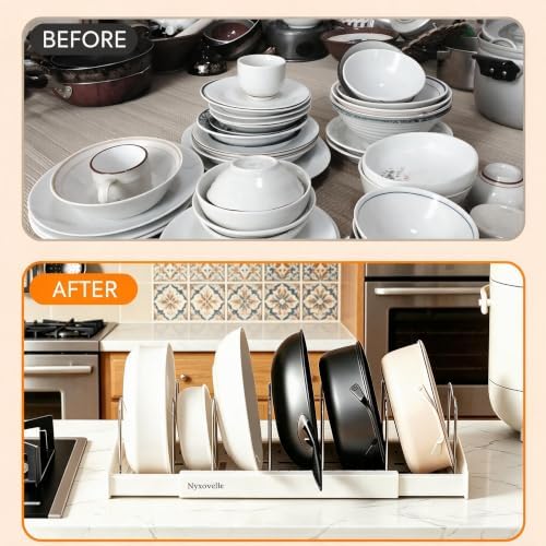 2 Pack Expandable Pots and Pans Organizer under Cabinet, Adjustable Pot Lid Organizer Rack with 9 Stainless Steel Dividers, Food Container Lid Holder for Kitchen Countertop Storage (White)