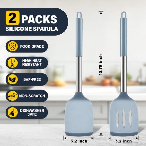 2 Pack Silicone Spatula Set, Solid & Slotted Turner for Non-Stick Pans, High Heat Resistant Silicone Spatula for Cooking, BPA-Free Stainless Steel Cooking Utensils for Fish, Eggs, Pancakes, Blue
