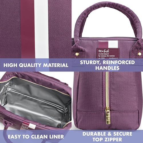 Fit & Fresh Bloomington Lunch Bag for Women - Insulated Large Lunch Box for Work with Containers, Leak-Resistant, Stain-Resistant, Zipper Closure, Plum Stripe