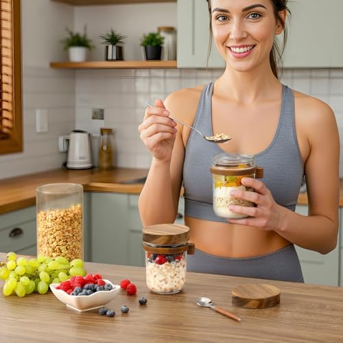 LANDNEOO 4 Pack Overnight Oats Containers with Wooden Lids and Spoons, 16oz Glass Mason Overnight Oats Jars with Lids, Large Capacity Airtight Jars for Milk, Cereal, Fruit