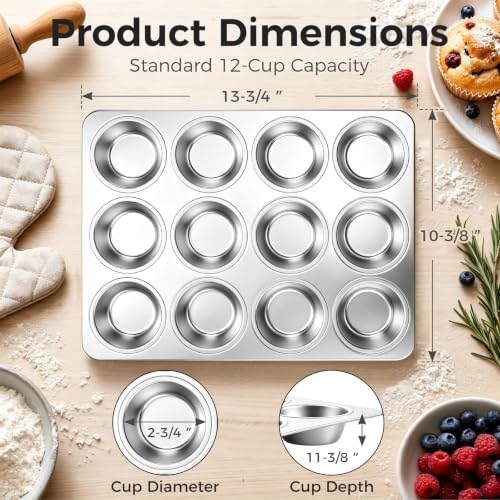 Onader Stainless Steel Muffin Pan Tin 12-Cup, 2 Pack Cupcake Pan for Baking