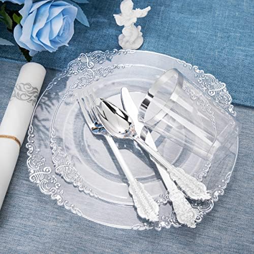 FLOWERCAT 175PCS Clear Silver Plastic Plates -Include 50 Plates, 25 Cups, 25 Forks, 25 Knives, 25 Spoons, 25Napkins for Wedding & Party&New Year