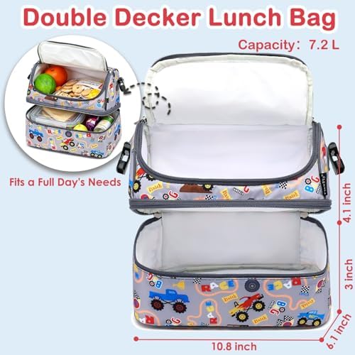 FlowFly Double Decker Cooler Insulated Lunch Bag Large Tote for Boys, Girls, Men, Women, With Adjustable Strap (Truck)