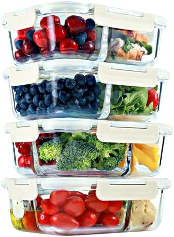 Glass Meal Prep Containers 2 & 3 Compartments Leak-Proof Lids 32 oz 4 Pack