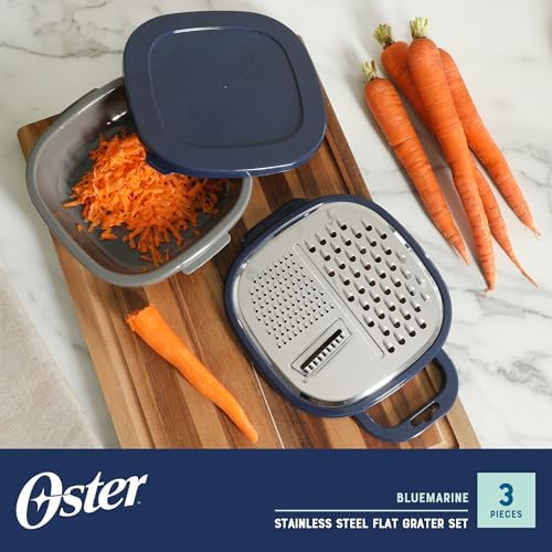 Oster Bluemarine Flat Grater Set – Stainless Steel Food Grater with Storage Container and Lid, Compact Kitchen Tool for Cheese, Veggies, Carrots