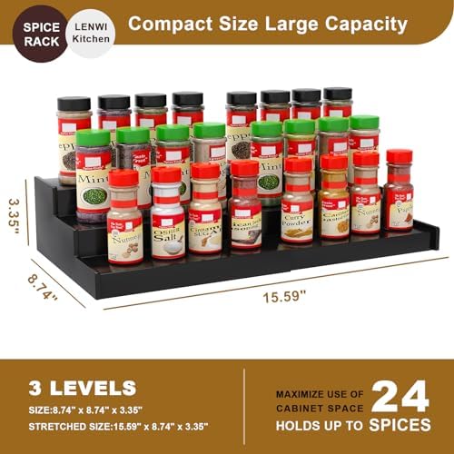 Lenwi Spice Rack Organizer for Cabinet, 3 Tier Expandable Bamboo Spice Storage for Kitchen Cupboard Pantry, Black