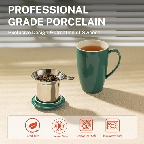 Sweese 15 OZ Porcelain Tea Mug with Infuser and Lid, Loose Leaf Tea Cup, Gifts for Tea Lover, Sage Green