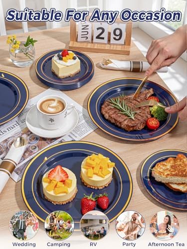 WDF Partyware 175PCS Blue and Gold Plastic Plates - Navy Blue Plates with Pre Rolled Napkins for Party - 25Guest Disposable Dinnerware Sets for Party/Birthday/Wedding