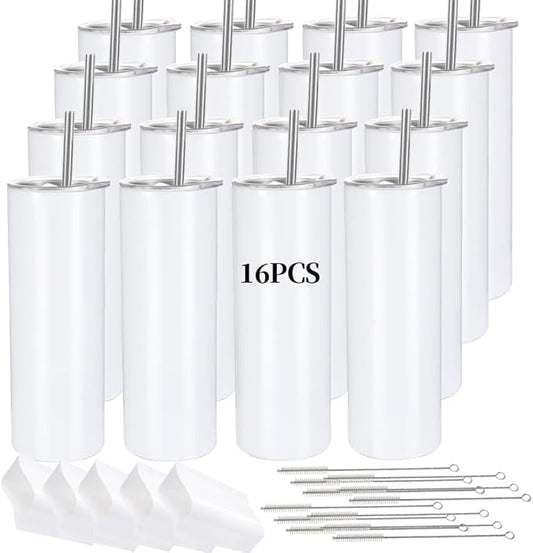 16 Pack Sublimation Tumblers Straight Skinny Tumbler Blanks Bulk 20oz for Heat Transfer, Individual Gift Boxed, Double Wall Insulated Tumbler with Shrink Wrap & Straws