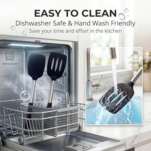 2-Pack Silicone Solid & Slotted Turner Spatulas, Non-Stick Heat Resistant Cooking Utensils for Eggs, Fish & Pancakes, Stainless Steel/Black Handle