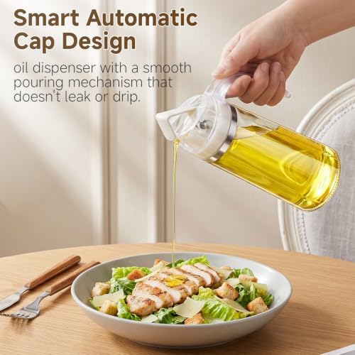 Marbrasse 20oz Glass Oil Dispenser Bottle with Auto Flip Cap, White + Brown