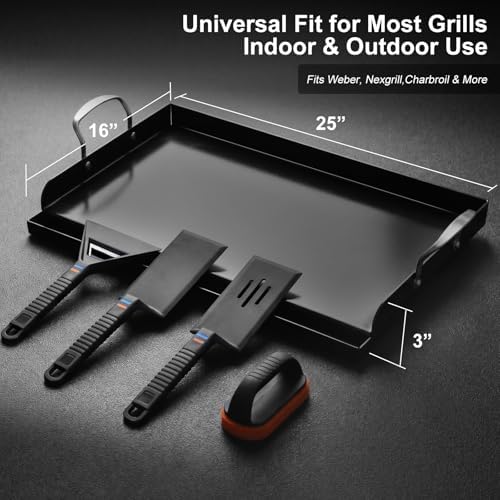 Cast Iron Griddle for Gas Grill with 5-Piece Silicone Griddle Tool Kit 25" x 16" Nano-Ceramic Nonstick Grill Griddle for Gas Charcoal Grills Flat Top Grill Accessories with Stainless Steel Core Tools