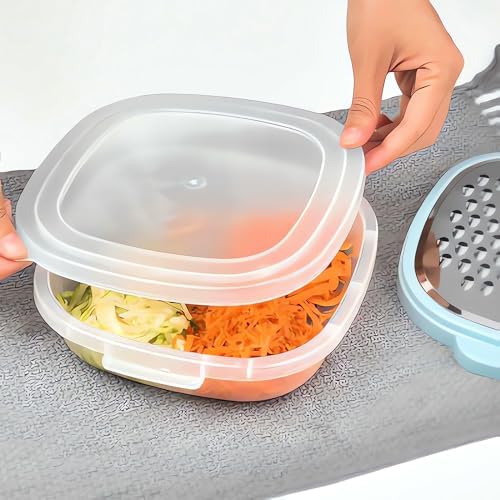 3 in 1 Vegetable Slicer with Storage Box, Stainless Steel Cheese Box Grater, Food Chopper, Wave Cutter, Kitchen Multi-Purpose Grater for Potatoes, Carrots, Zucchini, Onions... (Light Blue)