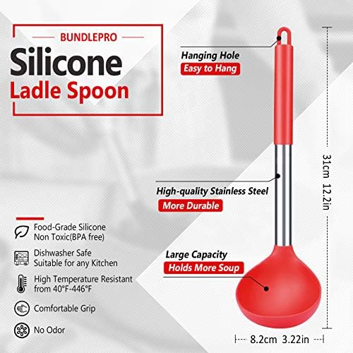 BUNDLEPRO Silicone Soup Ladle Spoon Kitchen Utensils, 2 Pack, Black-Red