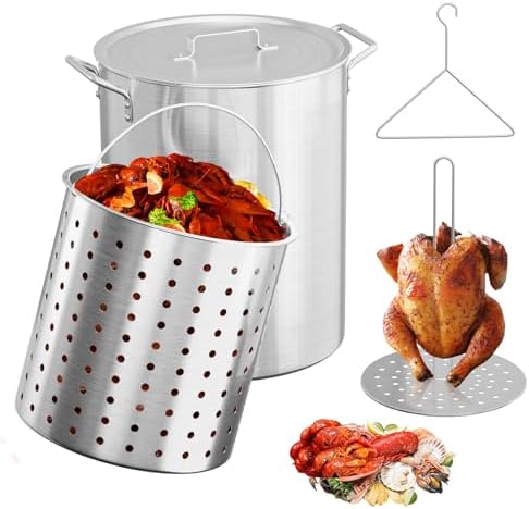 Bonnlo 30QT Aluminum Stock Pot for Boiling Seafood, Crawfish & Crab, Frying Turkey & Steaming Tamales, Large Boil Pot with Strainer Basket, Lid, Lifting Hook & Steamer Rack for Outdoor Cooking