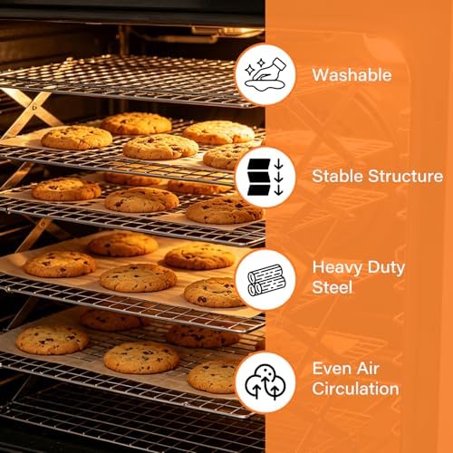 6 Tier Upgraded Collapsible Cooling Rack with Adjustable 3 Setting Design, Stackable Baking Rack with Clean Brush, Roasting Cooking Drying Wire Cooling Rack for Cookies Baking Roasting ＆ Grilling
