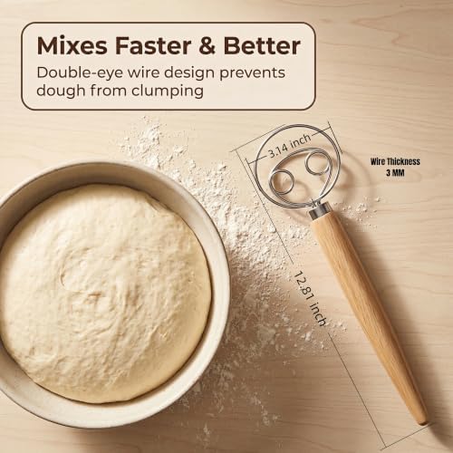 Maxjoy Danish Dough Whisk, Stainless Steel Wood Handle for Sourdough Bread