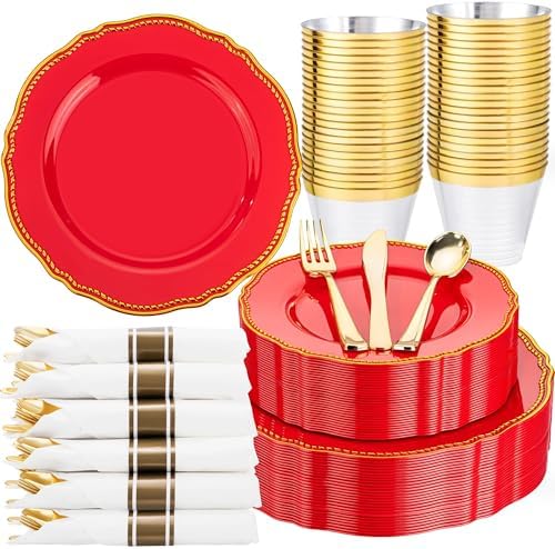 Hioasis 175 Pcs Red Gold Plastic Plates Wedding & Party