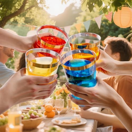 I00000 100 Pack 24 oz Gold Plastic Cups, Elegant Gold Rimmed Plastic Cups, Disposable Cocktail Glasses Wine Glasses, 24 oz Premium Tumblers Perfect for Birthday, Party & Wedding