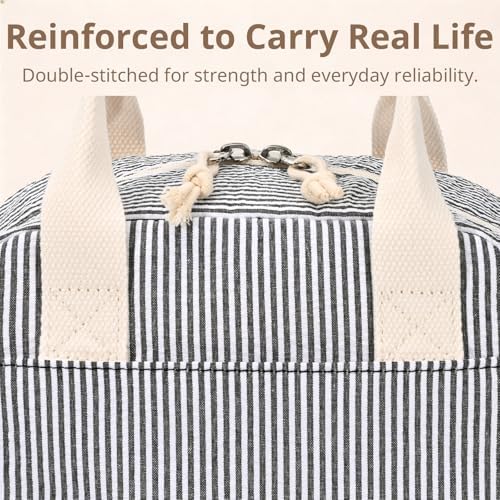 LOVELYWIND Lunch Box for Women, Insulated Lunch Bag, Black Stripe Tote