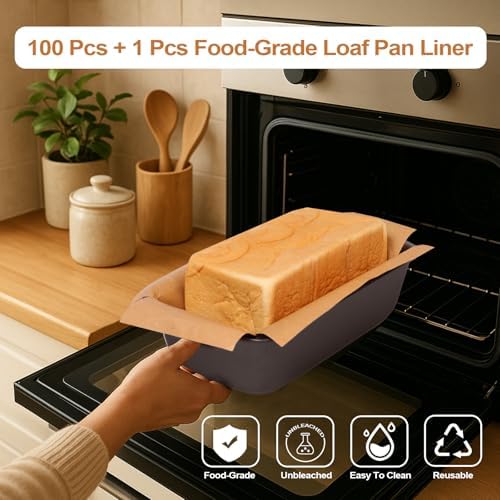 Unbleached Parchment Paper Loaf Pan Liner - Precut 9''x5'' Non-Stick, Fits 8.5''x4.5''/10''x5'' Loaf Pans, Heat-Resistant 430°F, Food-Safe for Bread Baking (100 Pcs & 1 Silicone Liner)